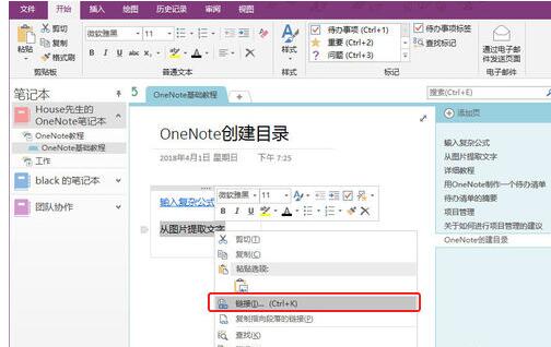 OneNote中笔记目录的设置步骤