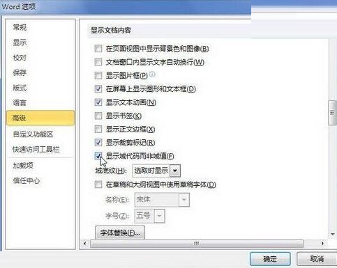 word2010文档中显示域代码而非域值的操作过程