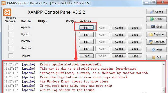XAMPP集成环境apache启动失败的处理操作步骤