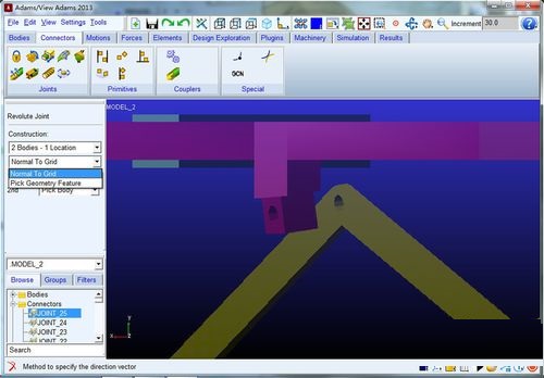 Adams中加转动副时控制它的方向的操作方法